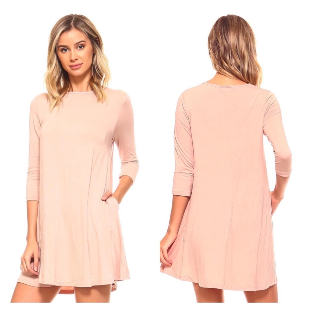 Blush Tunic Dress 3/4 Sleeve w/Pockets